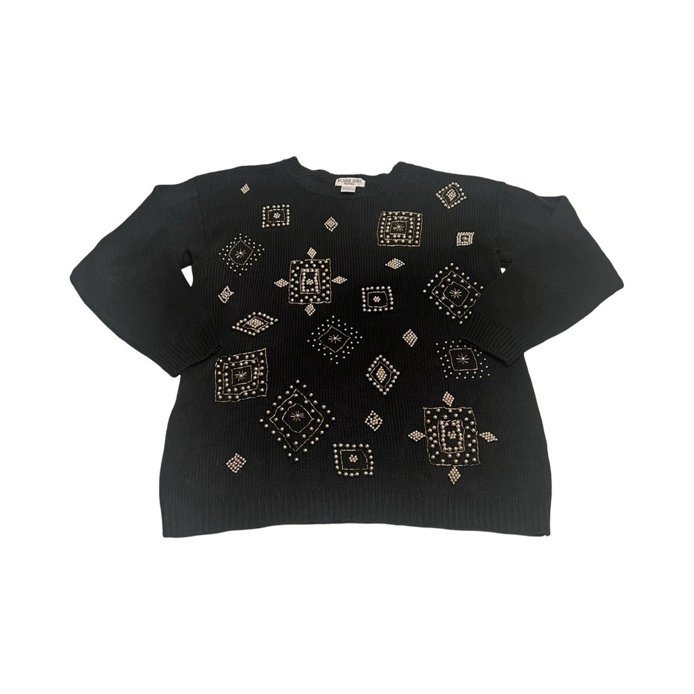 Victoria Jones Petites Vintage Black‎ Beaded Geometric Sweater PS Ramie Cotton
